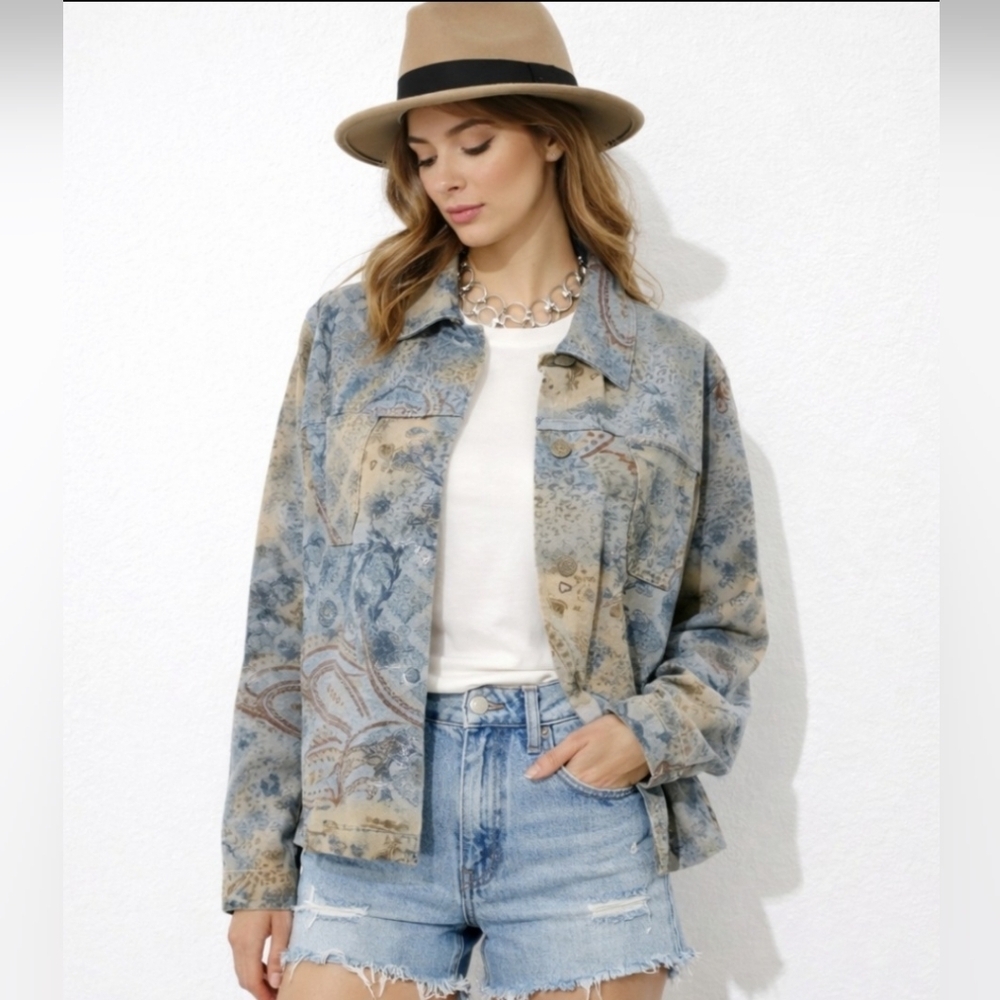 Marsh Landing Women's Denim Jacket L Blue Brown Paisley Floral Print 100% Cotton